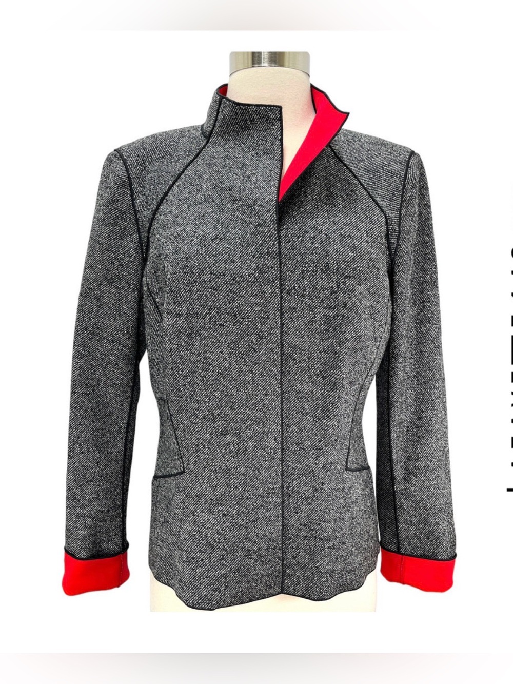 Lafayette 148 NY Wool-Silk-Blend Lightweight Black White Red Tweed Blazer 16W